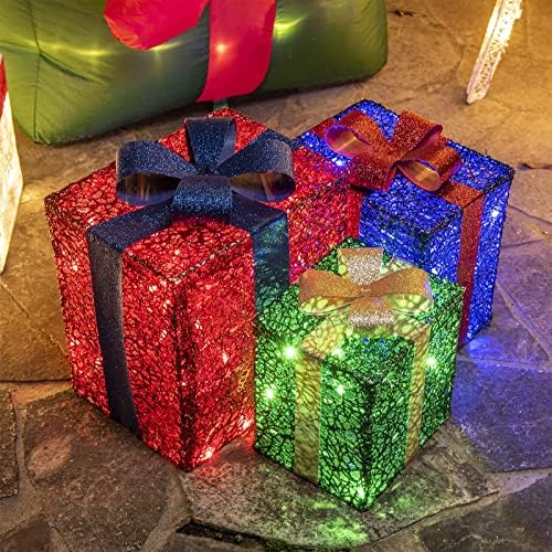 Poklon kutije PEIDUO s božićne pozadinskim osvjetljenjem, Set od 3-x, Poklon dekoracija na otvorenom, Paketi