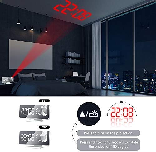 Projekcija sat za Alarm, Radio-digitalni sat Alarm sa punjačem, USB 7,4 Veliki Ogledalo led Projekcija Alarm