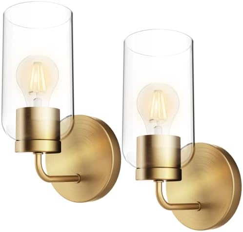 Skup zlatne zidne svjetiljke Hamilyeah od dva, Zidne svjetiljke za kupaonicu s nijansu od prozirnog stakla,