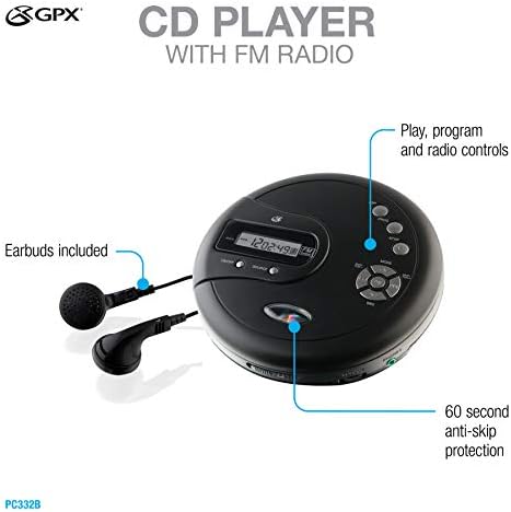 Prijenosni CD-player GPX PC332B sa zaštitom od preskakanja, FM radio i стереонаушниками - Crna