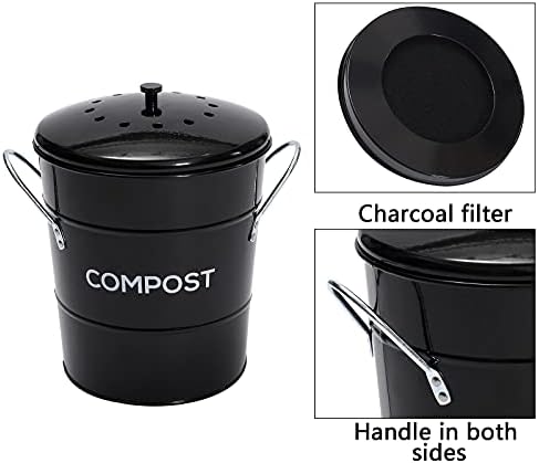 Spremnik za kompost za kuhinje, 2 u 1, Odlično za otpad hrane, Izmjenjivi Čisto Plastičnih Kantu, Olovke, Bež, 1 Galon - Uključuje Ugljeni Filter - Crna 0505