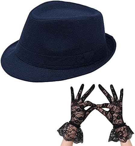 Tamno plava Unisex Klasična Манхэттенская фетровая šešir, ženske rukavice s cvjetnim čipkom Dužine do ručnog