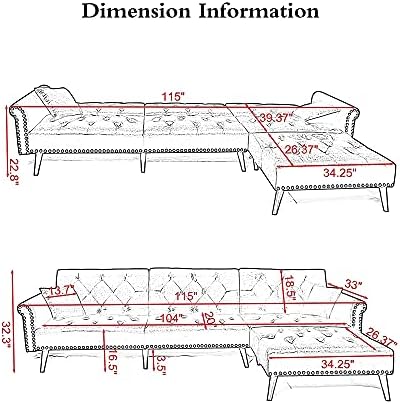 Preklopni Sekcijska Kauč na razvlačenje HOMMOO,Moderan Kauč od baršunasta tkanine sa 2 Jastuka,Reverzibilni