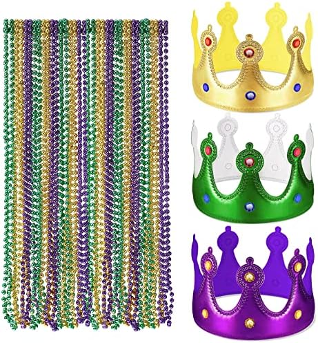 18 Kuglice Mardi Gras Ogrlice za zabave i 3 Kape s krune Mardi Gras, Plastični ogrlica od perli, Višebojne odijelo,