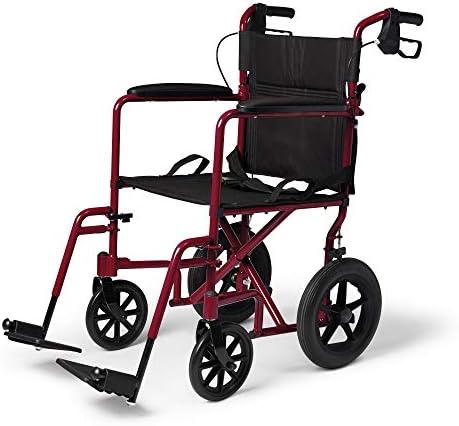 Lak Transport invalidska kolica Medline s pitome kočnicama, pregibno klizni Transportna kolica za odrasle, s 12-inčnim kotačima, Crveno