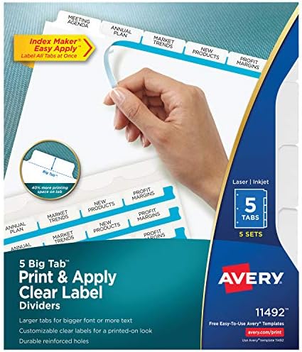 Avery 5 Pregrada Za Velike Kartica, Jednostavan Ispis i Nanošenje Prozirne Trake Za Naljepnice, Indeksiranje,