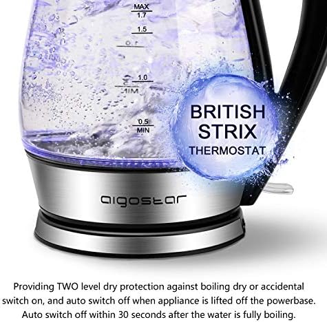Kuhalo za vodu Aigostar (bez BPA), Stakleni čajnik s brzim grijanjem 1500 W, 1,7 L, Bežični, s led pozadinskim