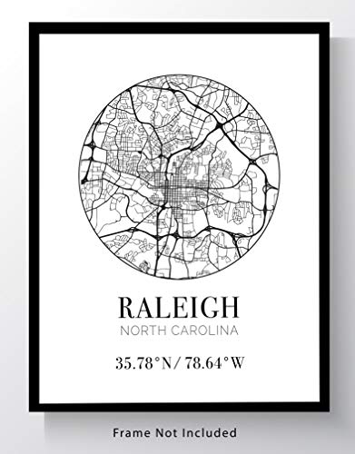 Mapa ulica grada Raleigh North Carolina Wall art - 11x14 BEZ okvira Moderne Apstraktne Crno - bijelo dekor s pogledom iz ptičje perspektive, s koordinatama. Odličan poklon na temu Uloge.