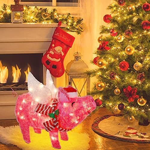 Prsildan Božićno svjetlosno ukras 25 x 19 Pink pig, 50 Svjetla 3D Leteća svinja s Božićne šeširom i šal, Lijep