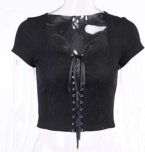 Gotički skraćeni majice Kisswow Ženske čipka-up Vrhovima Korzet Ulični Remen od špageta Crni Top s čipkom mreže