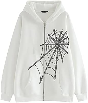 Huarll Ženske gotički hoodies zip Majica sa paučinom Gorski Kristal Za djevojaka Harajuku Punk Y2K Jakna s kapuljačom sa Džep