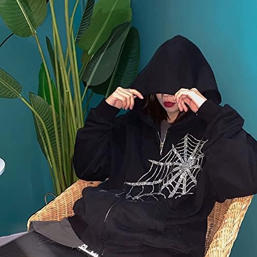 Huarll Ženske gotički hoodies zip Majica sa paučinom Gorski Kristal Za djevojaka Harajuku Punk Y2K Jakna s kapuljačom