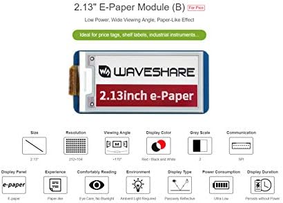 Waveshare 2,13-inčni modul za prikaz e-papira E-Ink (B) Malina Pi Pico 212×104 Piksela Crvena/crna i bijela