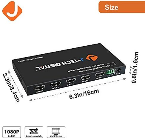 J-Tech Digitalni HDMI 4x1 1080P Quad Multipleks Estrih Prekidač s 5 Različitih Načina prikaza i IR daljinskim
