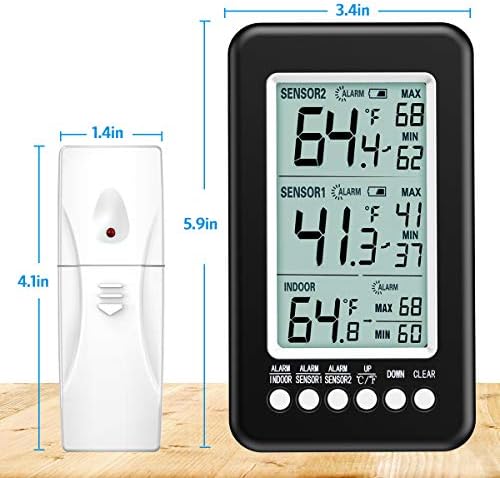 (Ažurirana Verzija) Termometar Hladnjaka AMIR, Bežični Digitalni Termometar za zamrzivača sa 2 Senzora, Unutarnji Vanjski Termometar sa Zvučnom Signalizacijom Senzor Temperature zamrzivača Kuhinja Kuće