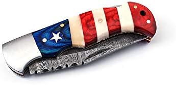 SharpEdge 6.5 Američku Zastavu Custom Oštrica od Damast Postali Ručni rad Za kampiranje i Lov Sklopivi Sklopivi Nož za Preživljavanje s Ножнами od Prave Kože | SW-715 |