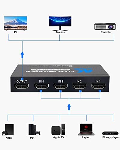 Prekidač HDMI 4K@60 Hz, NerdEthos 4-port switch HDMI 2.0 Sklopka za 4-u-1 HDMI Izlaz sa IR daljinskim upravljačem,