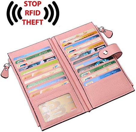 Ženski novčanik YALUXE od prave kože s blokiranjem RFID, Rokovnik s više utora i džep na zip, Dvostruki držač