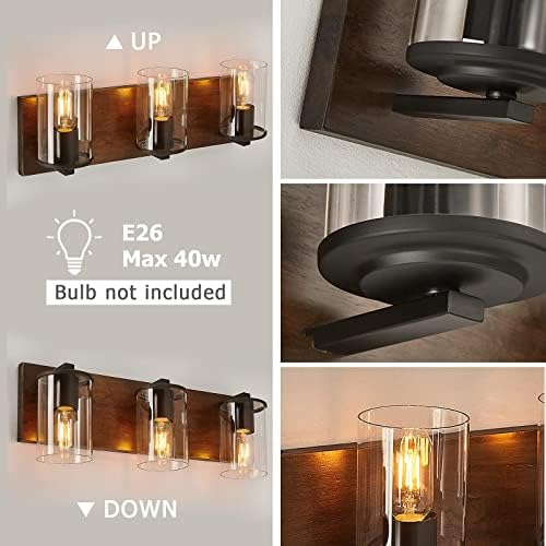 Lampa za ispraznost u seoskoj kući DADUL,3-Light Zid bra za kupatila od drveta s nijansu od prozirnog Stakla,