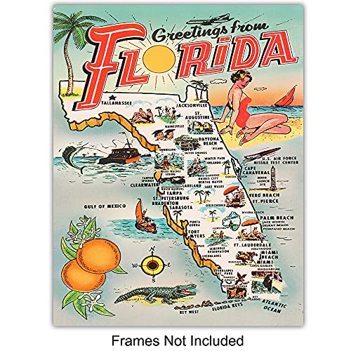 Dekor Floride - Turistička karta Floride - Turistički plakat Sunshine State s razglednica Zidni Art print -