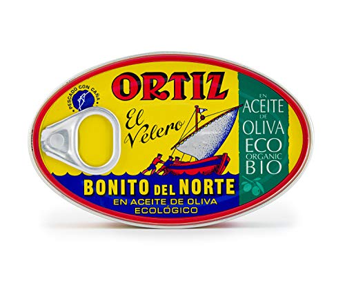 Bijela tuna Ortiz u ekološkoj Maslinovom ulju | 6 Komada | Tune Bonito del Norte u ekološkoj EVOO, Uvezeni iz Španjolske | Uhvaćena u divljini | Prirodna | Bonus riba u banci 3,95 oz (112 grama)