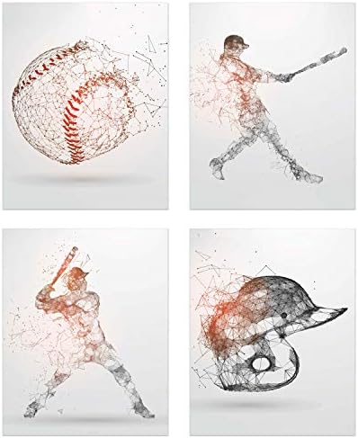 Bejzbol geometrijski zidni umjetničke grafike - Silueta čestica - Set od 4 (8x10) Fotografija plakata - Spavaća soba - Dekor Muške pećine
