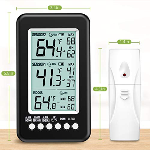 Termometar hladnjaka KeeKit, Bežični Unutarnji vanjski termometar sa 2 senzora, Digitalni Termometar hladnjaka sa zvučnom signalizacijom, Senzor temperature zamrzivača, Restorana, barova
