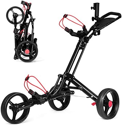 Kolica za golf GYMAX, Sklopiva kolica za golf na 3 kotača s kišobranom i držačem za tee, jednostavna Ručna kolica