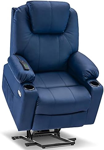 Stolica za ljuljanje Mcombo Velike snage sa masažom i grijani za umirovljenike Velike i Visoke Osobe, 3 Položaja, 2 Bočna džepa i Držači za čaše, USB priključak, Umjetna koža 7517 (Velika, Plava)