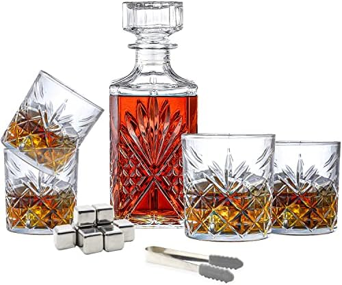 Set staklenih графинов Premium klase, Skup графинов za viski s 4 klasična čaša za viski i 8 kockice hlađenje