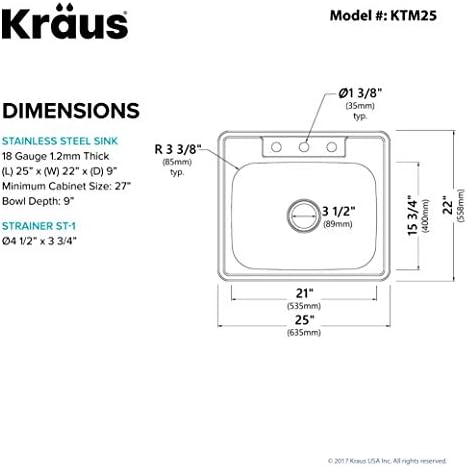 Kraus KTM25 25-inčni Jednostruki sudoper od nehrđajućeg Čelika 18 gauge