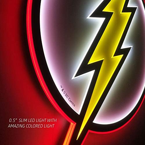 DC Comics Noćni stol žarulja-bljeskalica s fluorescentnim halo, spremna za priključivanje, montirana na 3D-led pozadinsko osvjetljenje, logo superheroja u неоновом stilu, Zidni firma Lightning Thunderbolt (Obični)