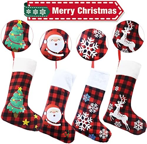 Božićne Čarape, 4 Pakiranje Veliki šatorsko platno Kockice Čarapa Nakit Nakit, Crvena Crna Božićni Čarapa Viseći Nakit Ukrasi za Božićne Rođendanske Zabave Home Dekor Dekoracija Drva