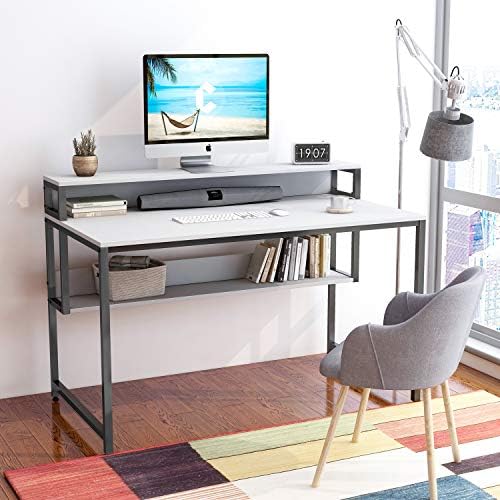 Računalo desk za kućni ured Cubiker, 47 Mali stol s policama za pohranu i policama za knjige, Radni stol U modernom i Jednostavnom stilu, Kompaktan Dizajn, Bijela