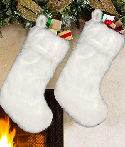 AISENO 2 pakiranja 18-inčni bijele Božićne čarape Božićne čarape od umjetnog krzna, Viseći nakit, poklon pakete slatkiša za božićne dekoracije
