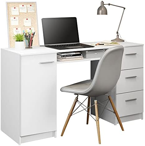 Moderni Uredski stol MADESA s ladicama za pohranu 53 cm, desk za kućni ured, Računalni stol u jednostavnom stilu, sa 1 uvući sandučićem, 2 Police za pohranu (Bijela)