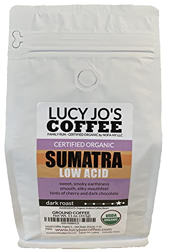 Kava Lucy Joe, Organska Sumatra, S Niskim sadržajem kiseline, Tamno pečenje, Mljevene, 11 unci.