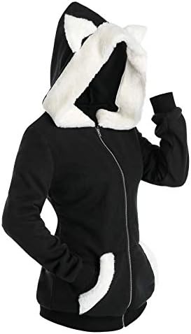 Ženska majica sa kapuljačom, krzneni runo kapa sa mačka, jakne na munje, Svakodnevne veste s dugim rukavima i džepovima, jesenje kapute