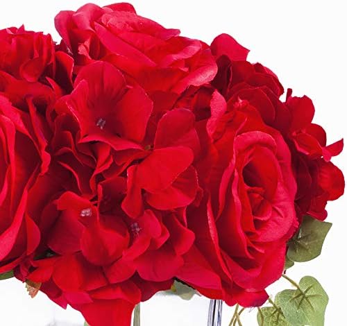 Enova Home Umjetna Svila Ruže i Cvijeće Hortenzija Pjesme na Kubi Staklene Vaze za Kućnu Svadbene Dekoracije (Krema)