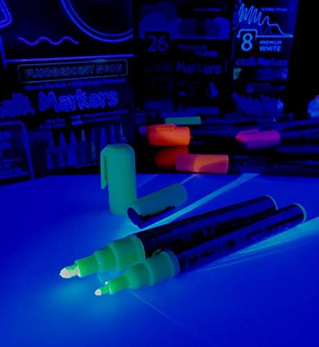 16 Fluorescent Neon Chalk Markers UV Glow in the Dark - Double Pack of Extra Fine and Medium Tip Liquid Chalk