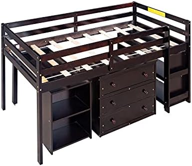 Nisko potkrovlje krevet, Drveni okvir kreveta-potkrovlje s ormara za pohranu i Prijenosni stol na kotačima za