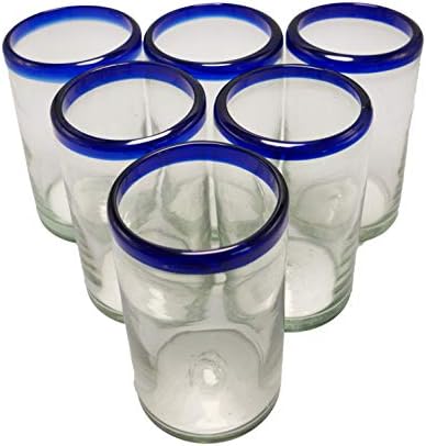 Set od 6 Čaša za piće Ručni Rad od Meksika sa Kobalt Plava Ободком-Selo i Izrađen Ručno Recikliranog Stakla