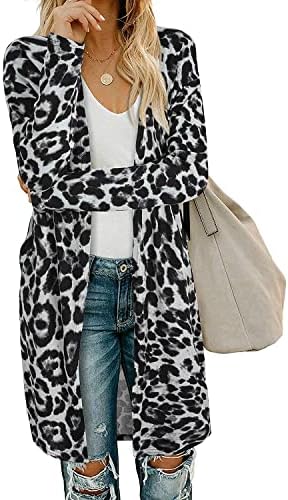 II ININ Ženska košulja-kardigan s леопардовым po cijeloj površini i otvoreni prednji dio, sa džepovima, dugi rukav, Lagana odjeća, kaputi