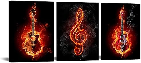 VANSEEING 3 Kom Glazba Platnu Zid umjetnost Glazbene note Gitara u vatri Plakat i grafike Crna pozadina Glazbena