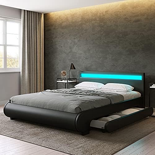 ZTOZZ Litenight LED Okvir kreveta Queen Size Krevet sa niskim profilom na platformi sa 2 ladice za pohranu,
