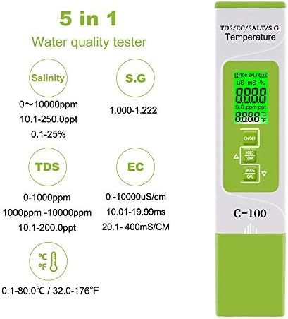 lifcasual Tester vode Mjerač Kvalitete vode 5 u 1 TDS/EC/SOL/S. G./Monitor Temperature Digitalni Tester Kvalitete