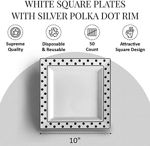 Bijele kvadratne ploče u srebrnoj grašak na rubu od Oasis Creations – 10 cm - Broj 50 komada - Kvalitetne čvrste