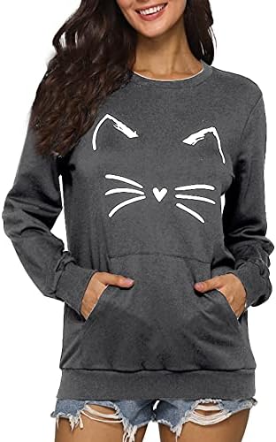 ROMWE laka Ženska majica sa po cijeloj površini mačka, Casual košulja-pulover dugih rukava