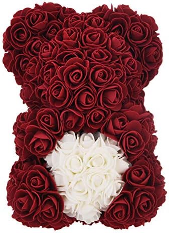 Medvjed s cvijetom ruže-10-inčni medo s ružom - Više od 250 дюжин boja - Darove za mama, rođendan Darove za žene, Poklone prijateljicama - s transparentnim poklon kutiji (Crno vino, 10 inča)