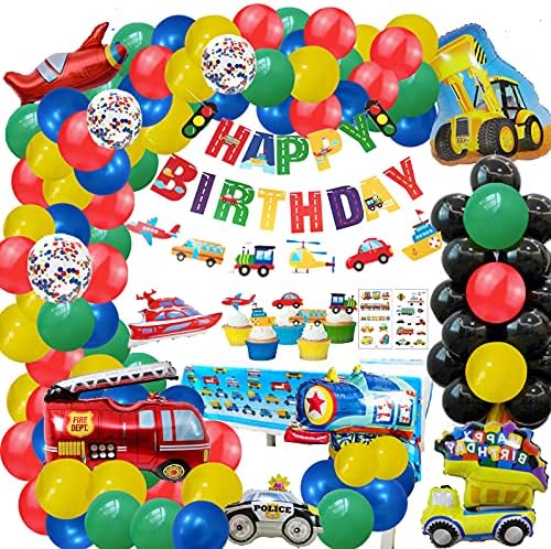 Prijevoz ukras na dan rođenja za dječake Banner Sretan rođendan Automobili,Vlak,Vatrogasna kola,Školski autobus,Avion balone iz folije Vozila dekoracije za kolače, za dječake-kiper, Dječji tuš, Djeca 1-d 2-d 3-d